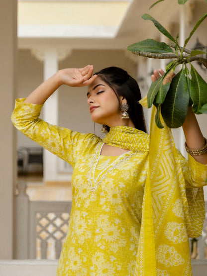 Yellow Floral Yoke Design Straight Kurta with Patiala & Dupatta