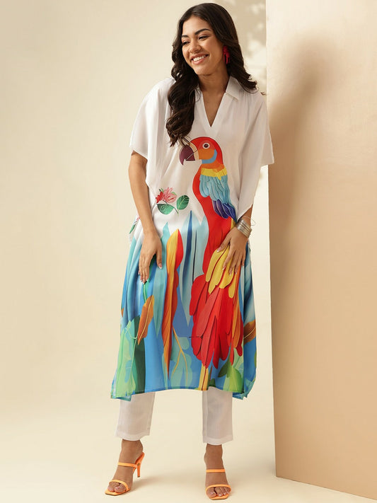 White Animal Print Angrakha Kurta with Trousers