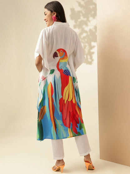 White Animal Print Angrakha Kurta with Trousers
