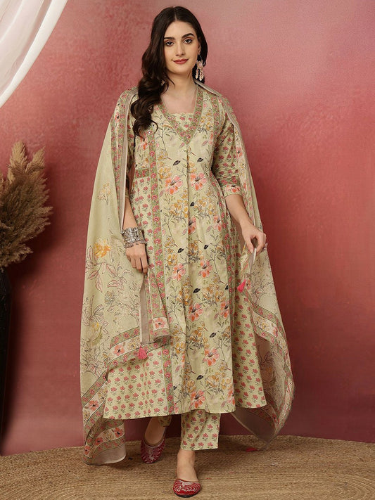 Beige Floral Print A-Line Cotton Kurta with Trousers & Dupatta