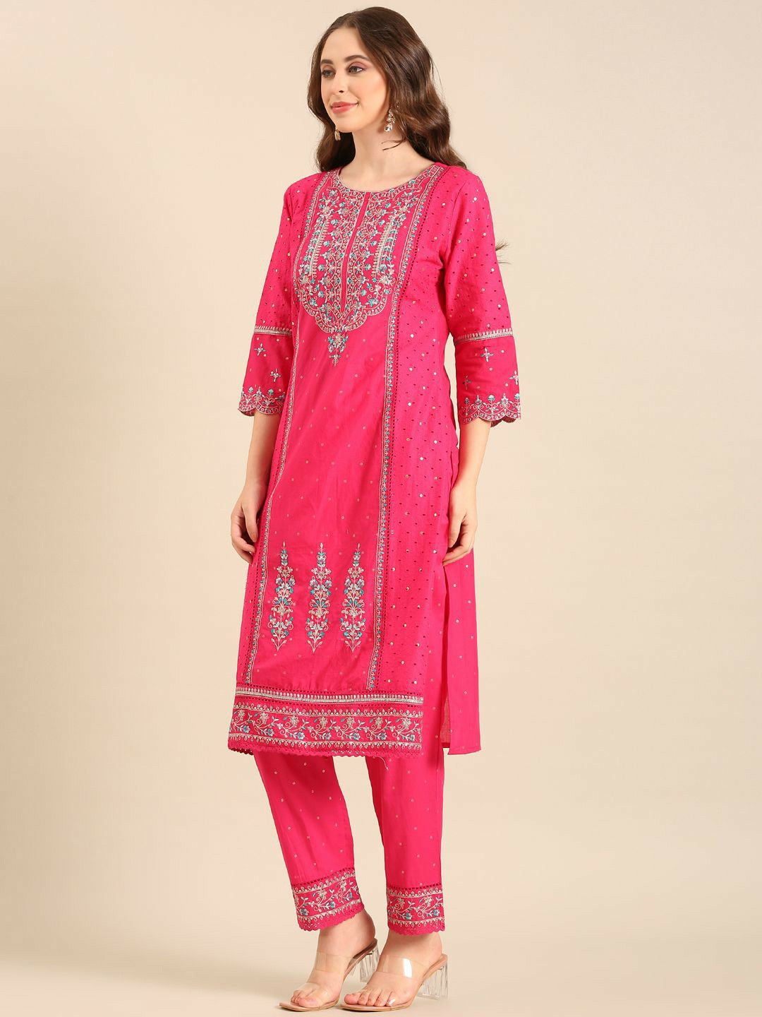Pink Embroidered Round Neck Straight Kurta with Trouser & Dupatta