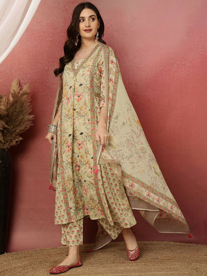 Beige Floral Print A-Line Cotton Kurta with Trousers & Dupatta