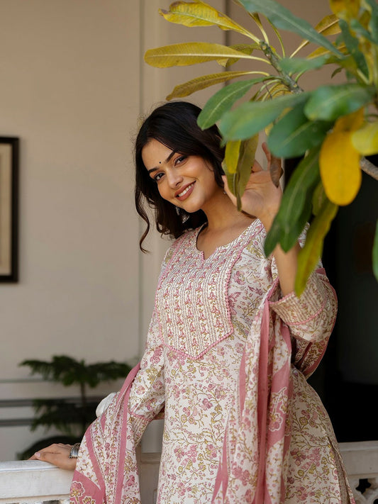 White Floral Print Cotton Kurta with Palazzos & Dupatta
