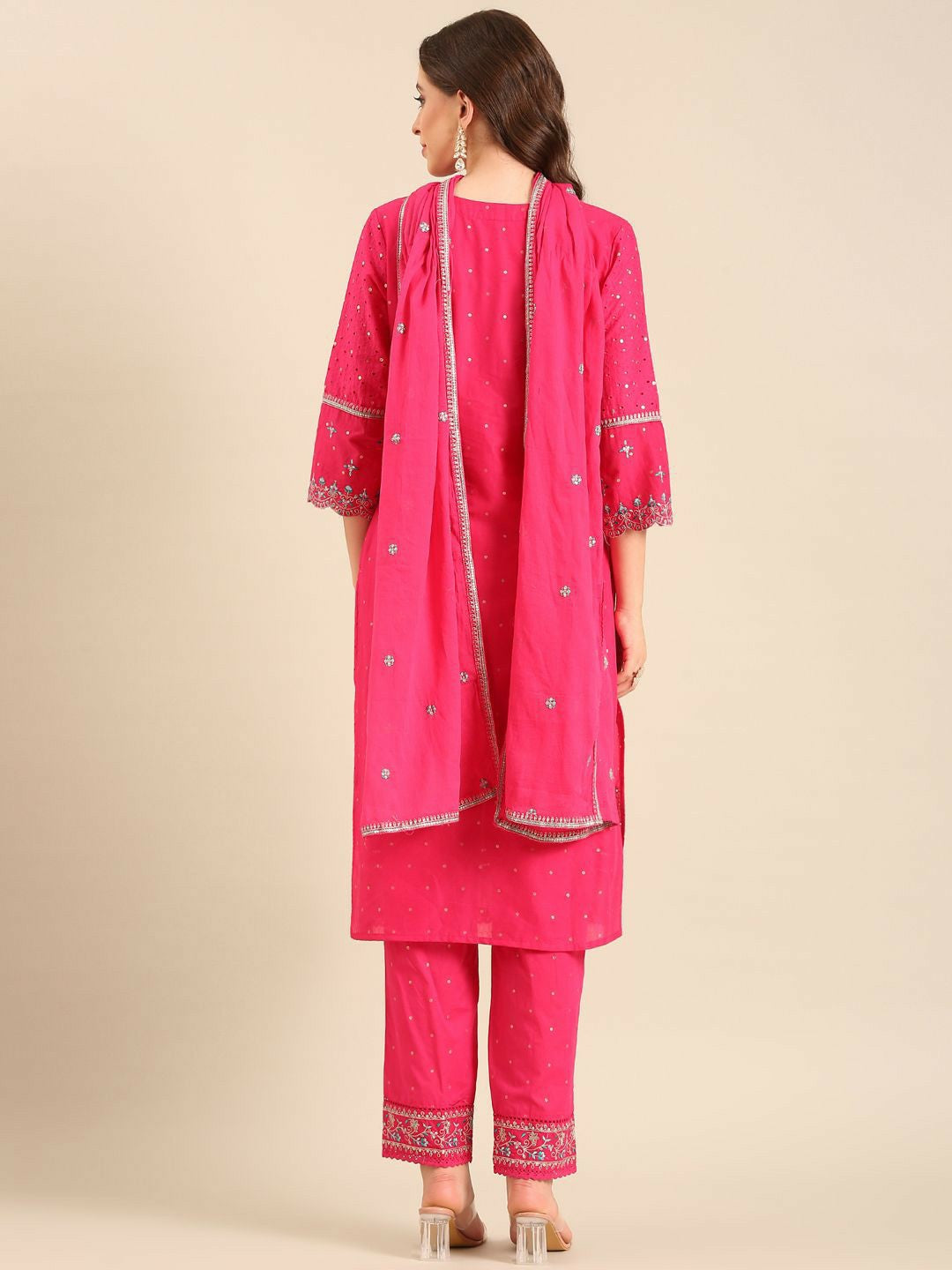 Pink Embroidered Round Neck Straight Kurta with Trouser & Dupatta