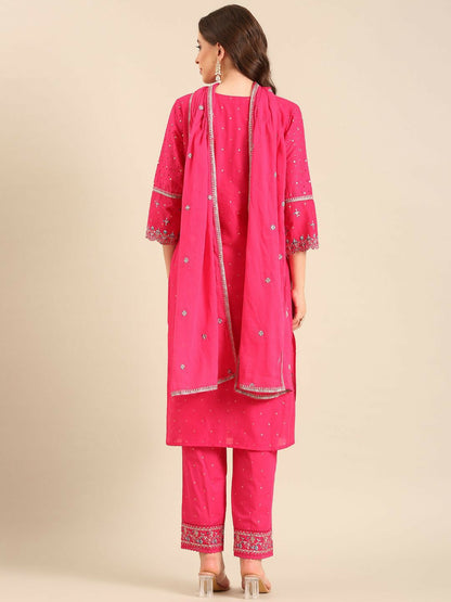 Pink Embroidered Round Neck Straight Kurta with Trouser & Dupatta