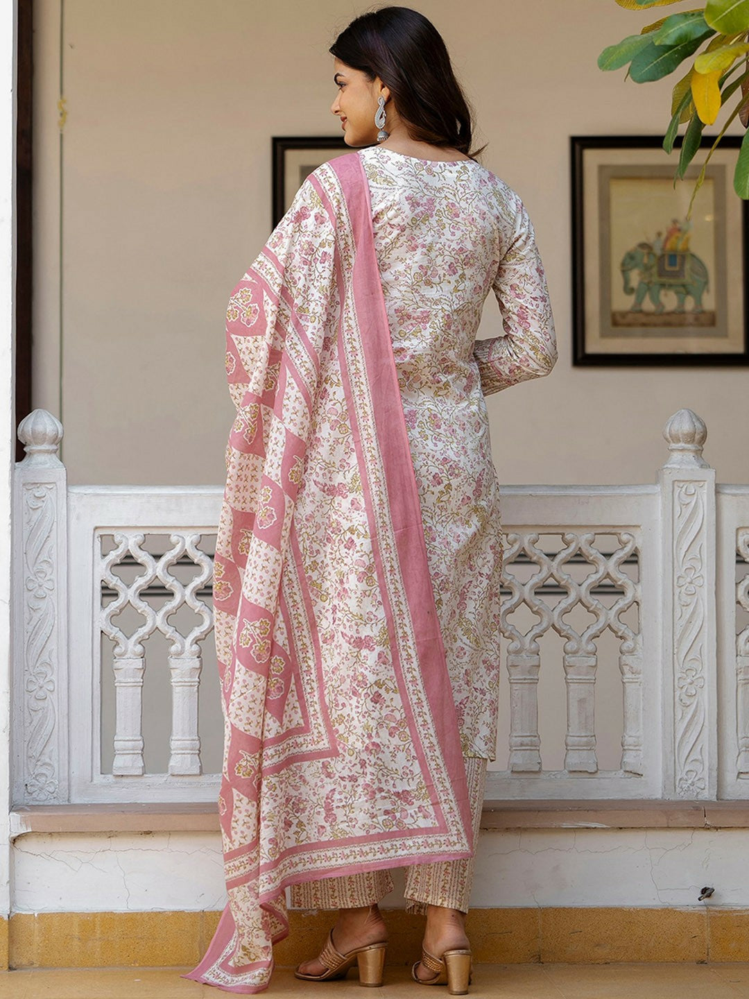 White Floral Print Cotton Kurta with Palazzos & Dupatta