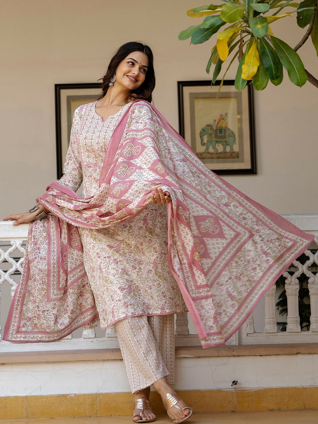 White Floral Print Cotton Kurta with Palazzos & Dupatta