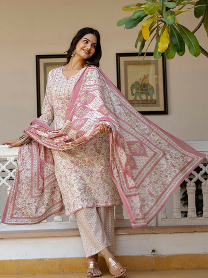 White Floral Print Cotton Kurta with Palazzos & Dupatta