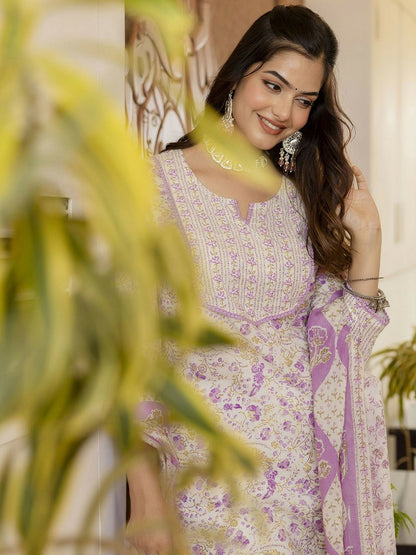 Purple Floral Aari Work Straight Kurta with Palazzo & Dupatta