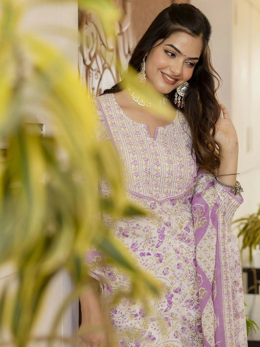 Purple Floral Aari Work Straight Kurta with Palazzo & Dupatta