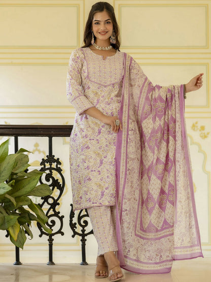 Purple Floral Aari Work Straight Kurta with Palazzo & Dupatta