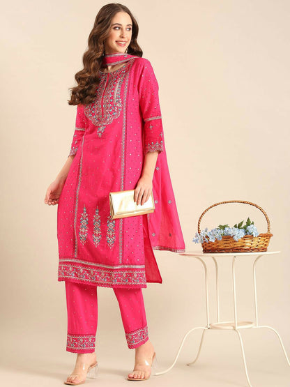Pink Embroidered Round Neck Straight Kurta with Trouser & Dupatta