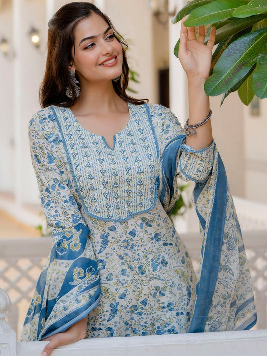 Blue Floral Printed Aari Work Straight Kurta with Trousers & Dupatta