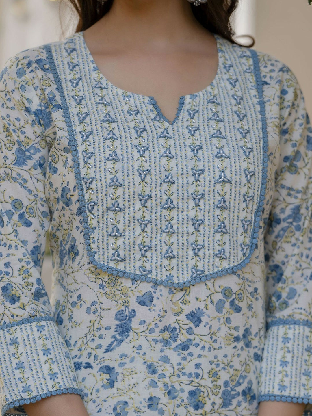 Blue Floral Printed Aari Work Straight Kurta with Trousers & Dupatta