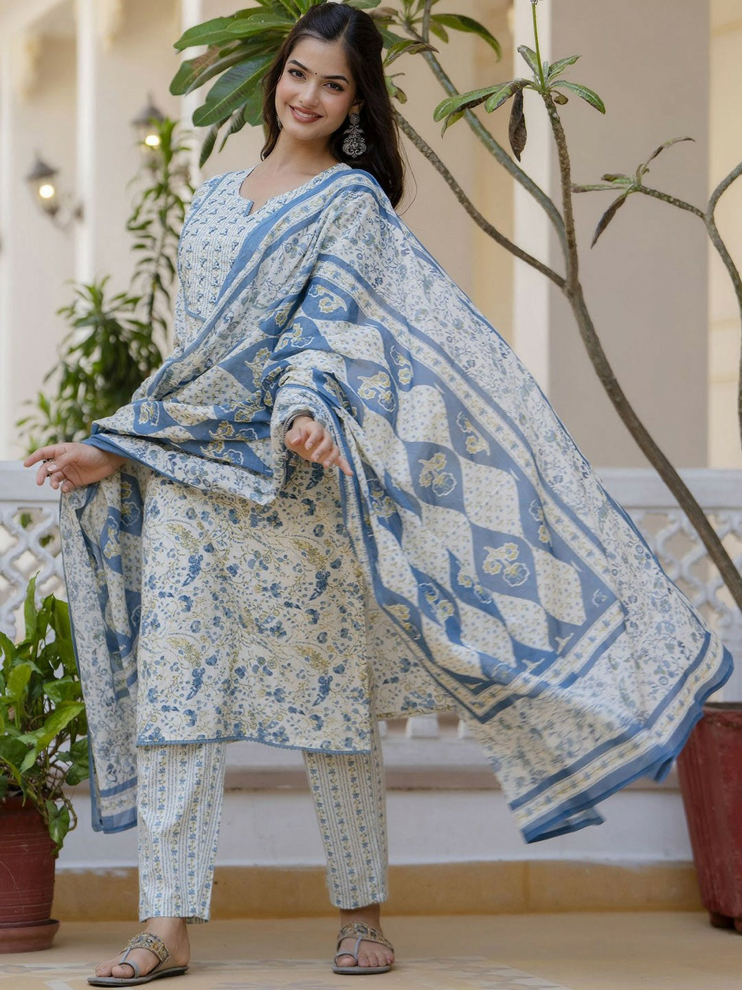 Blue Floral Printed Aari Work Straight Kurta with Trousers & Dupatta