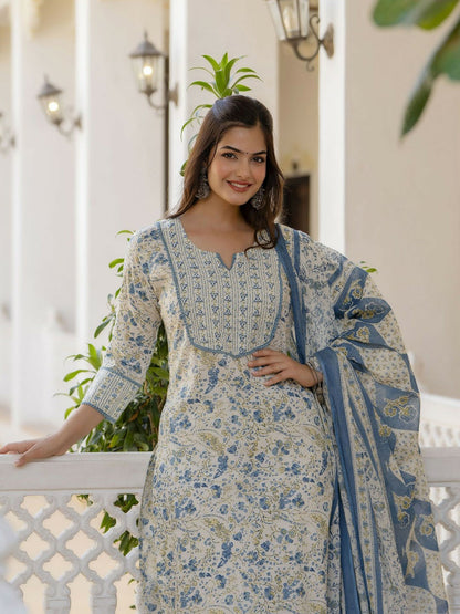 Blue Floral Printed Aari Work Straight Kurta with Trousers & Dupatta
