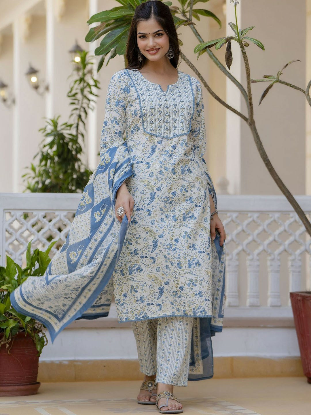 Blue Floral Printed Aari Work Straight Kurta with Trousers & Dupatta