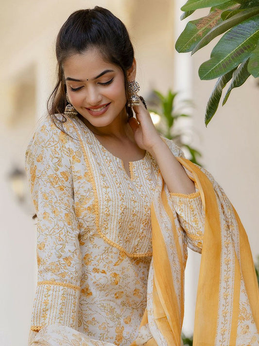 Yellow Floral Printed Aari Work Kurta with Palazzos & Dupatta