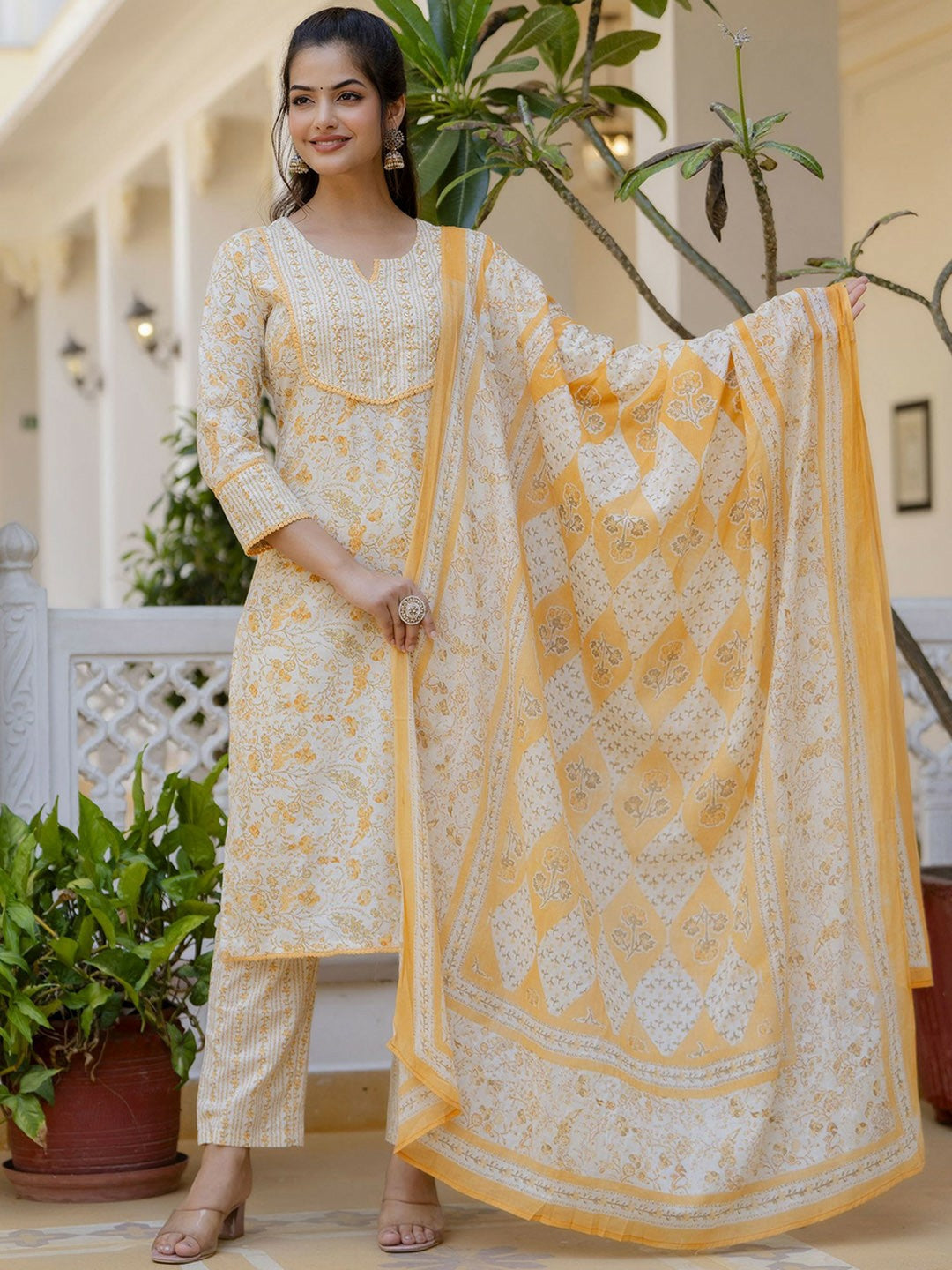 Yellow Floral Printed Aari Work Kurta with Palazzos & Dupatta