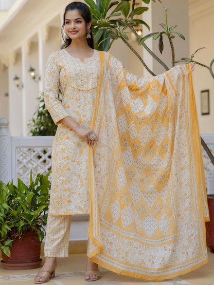 Yellow Floral Printed Aari Work Kurta with Palazzos & Dupatta