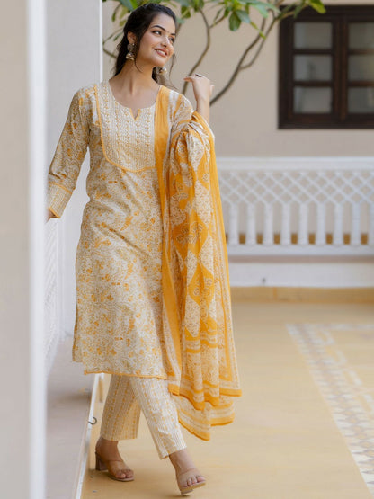 Yellow Floral Printed Aari Work Kurta with Palazzos & Dupatta