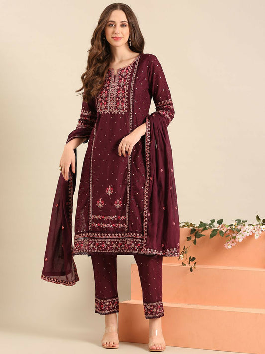 Maroon Floral Embroidered Cotton Kurta with Trousers & Dupatta