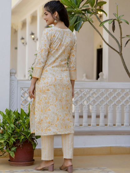 Yellow Floral Printed Aari Work Kurta with Palazzos & Dupatta