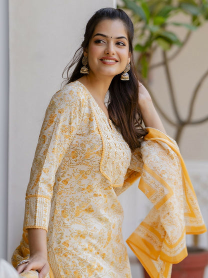 Yellow Floral Printed Aari Work Kurta with Palazzos & Dupatta