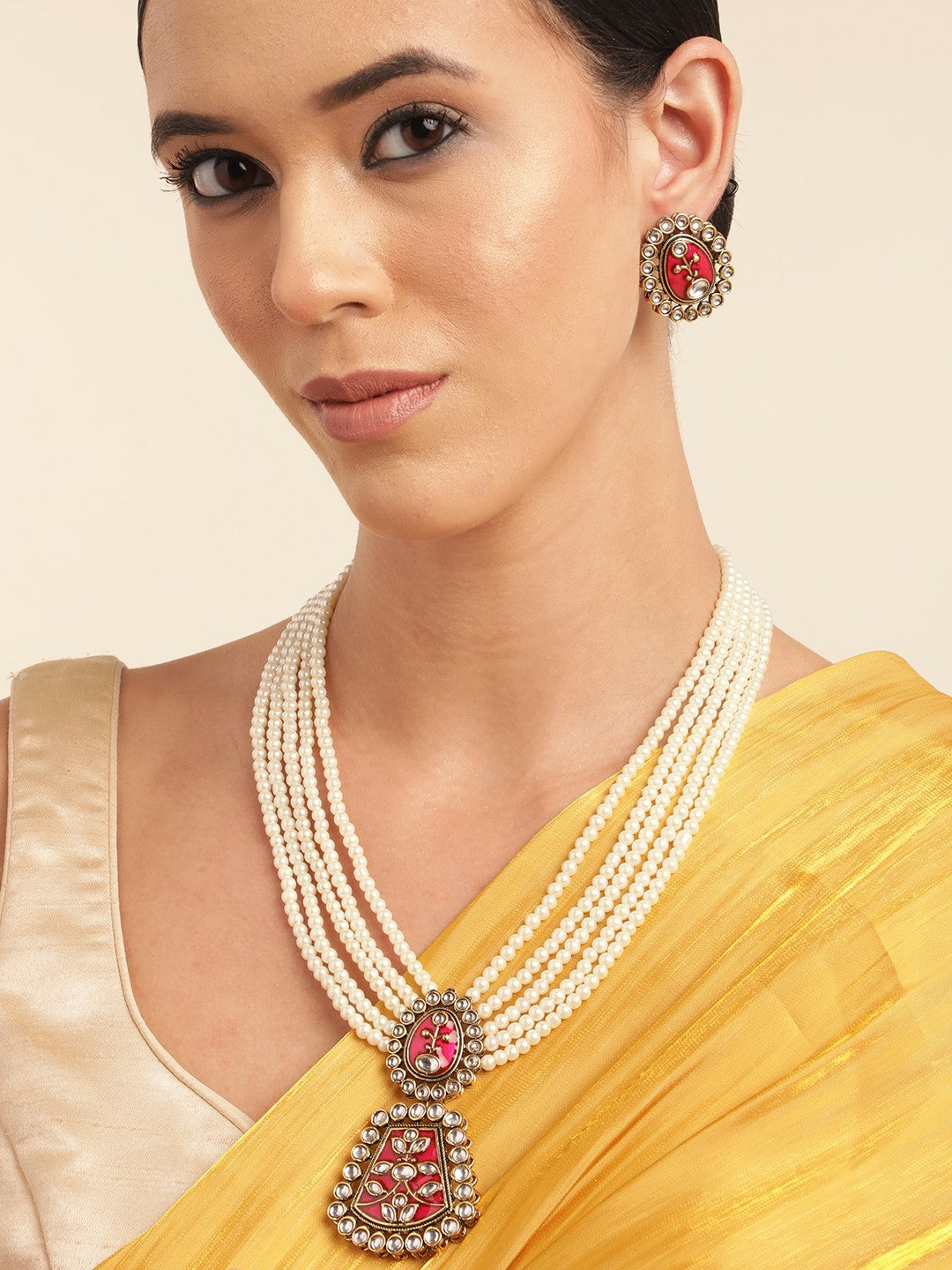 Gold Plated Kundan Beaded Layered Necklace with Earrings