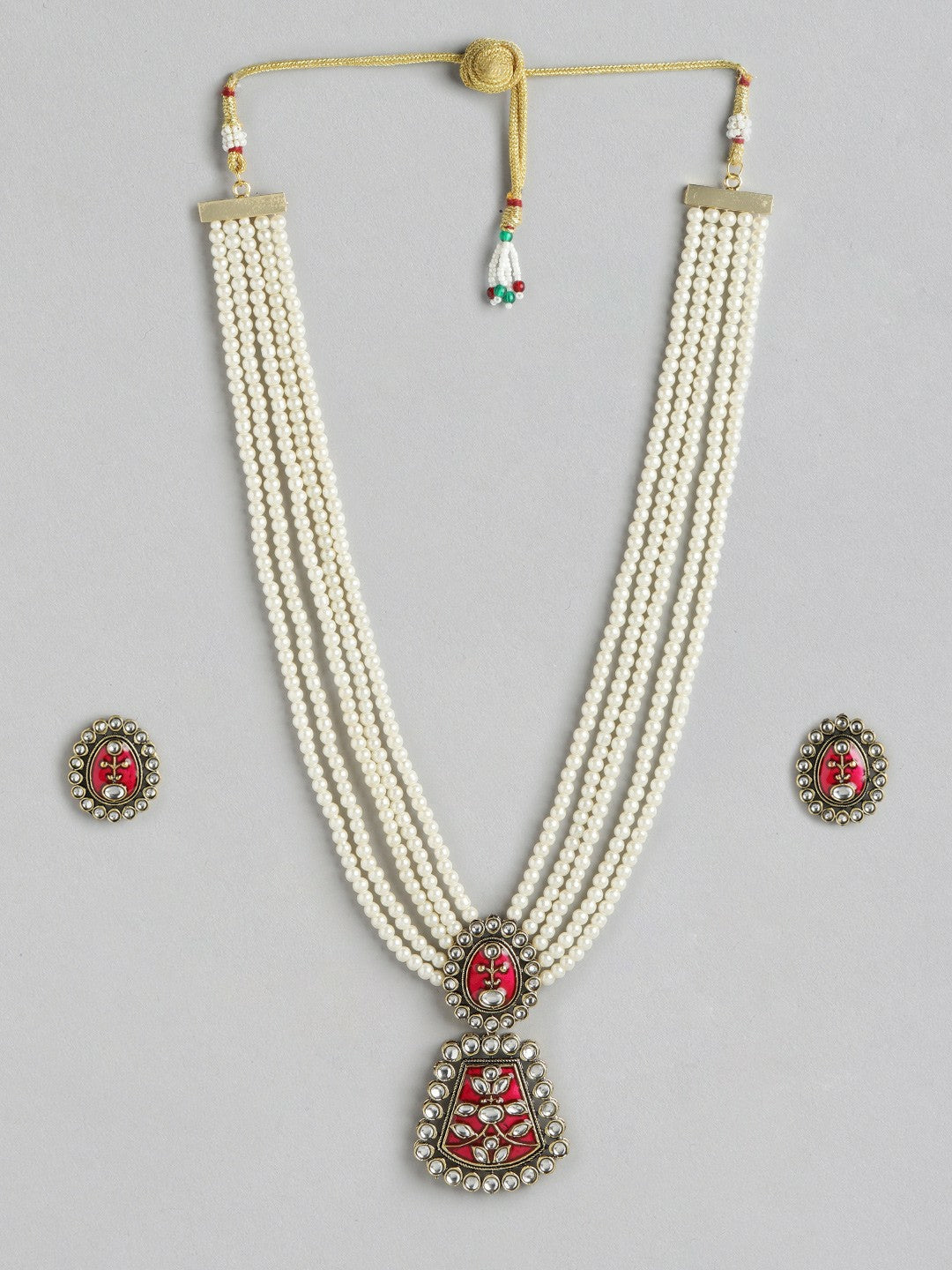 Gold Plated Kundan Beaded Layered Necklace with Earrings