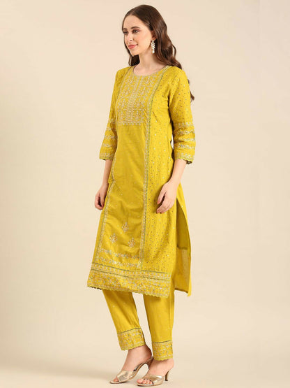 Yellow Floral Embroidered Kurta Set with Dupatta – Cotton | 3-Piece Ethnic Wear for Women