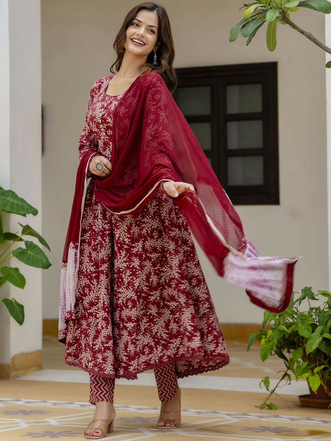 Red Floral Anarkali Kurta with Pyjamas & Dupatta