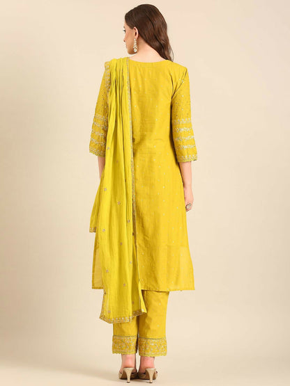 Yellow Floral Embroidered Kurta Set with Dupatta – Cotton | 3-Piece Ethnic Wear for Women