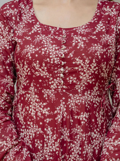 Red Floral Anarkali Kurta with Pyjamas & Dupatta