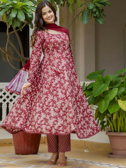 Red Floral Anarkali Kurta with Pyjamas & Dupatta