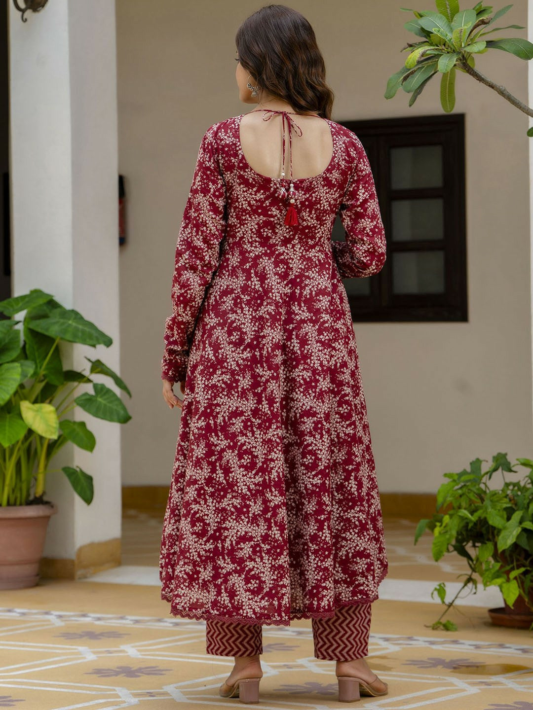 Red Floral Anarkali Kurta with Pyjamas & Dupatta