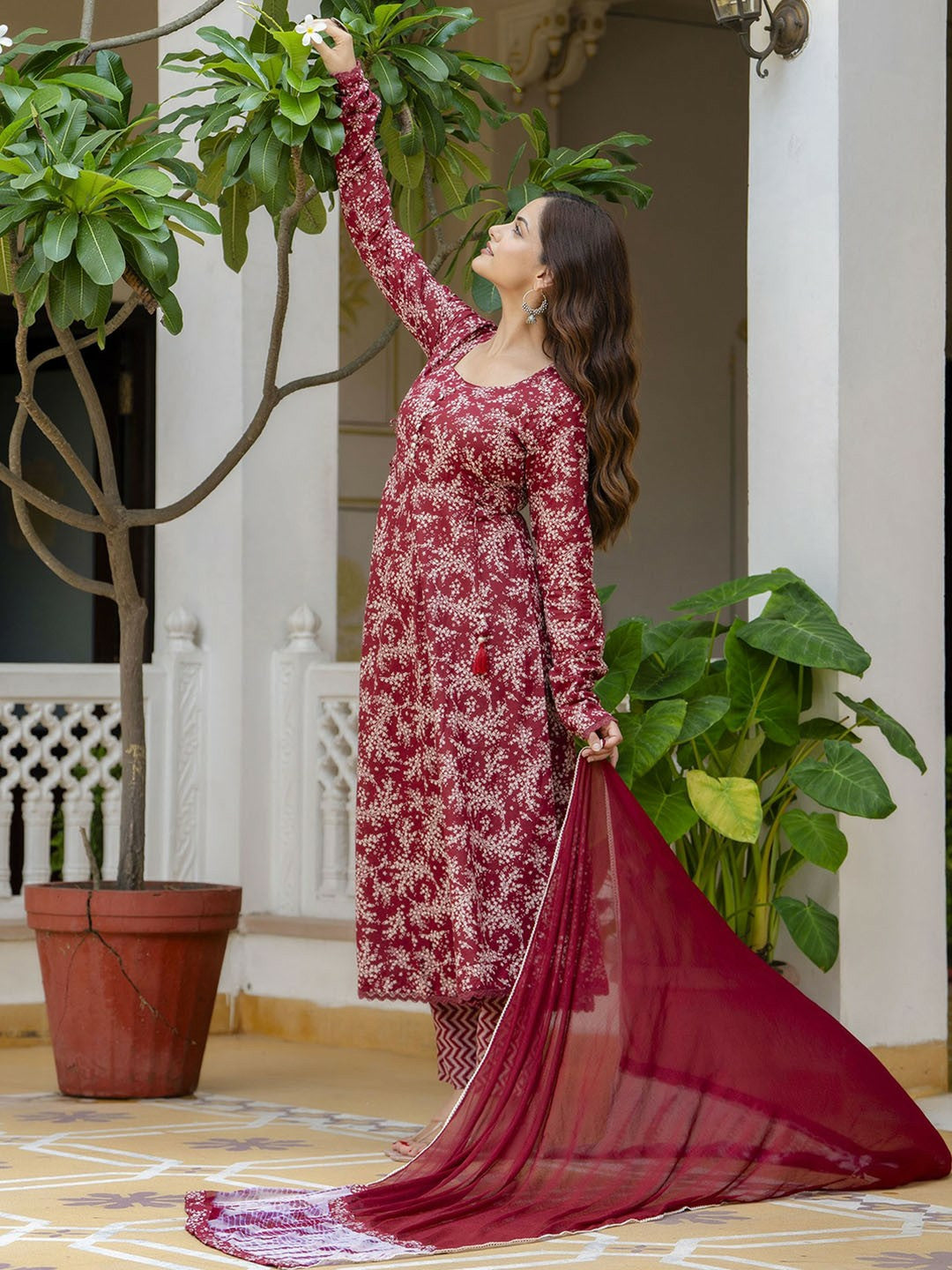 Red Floral Anarkali Kurta with Pyjamas & Dupatta