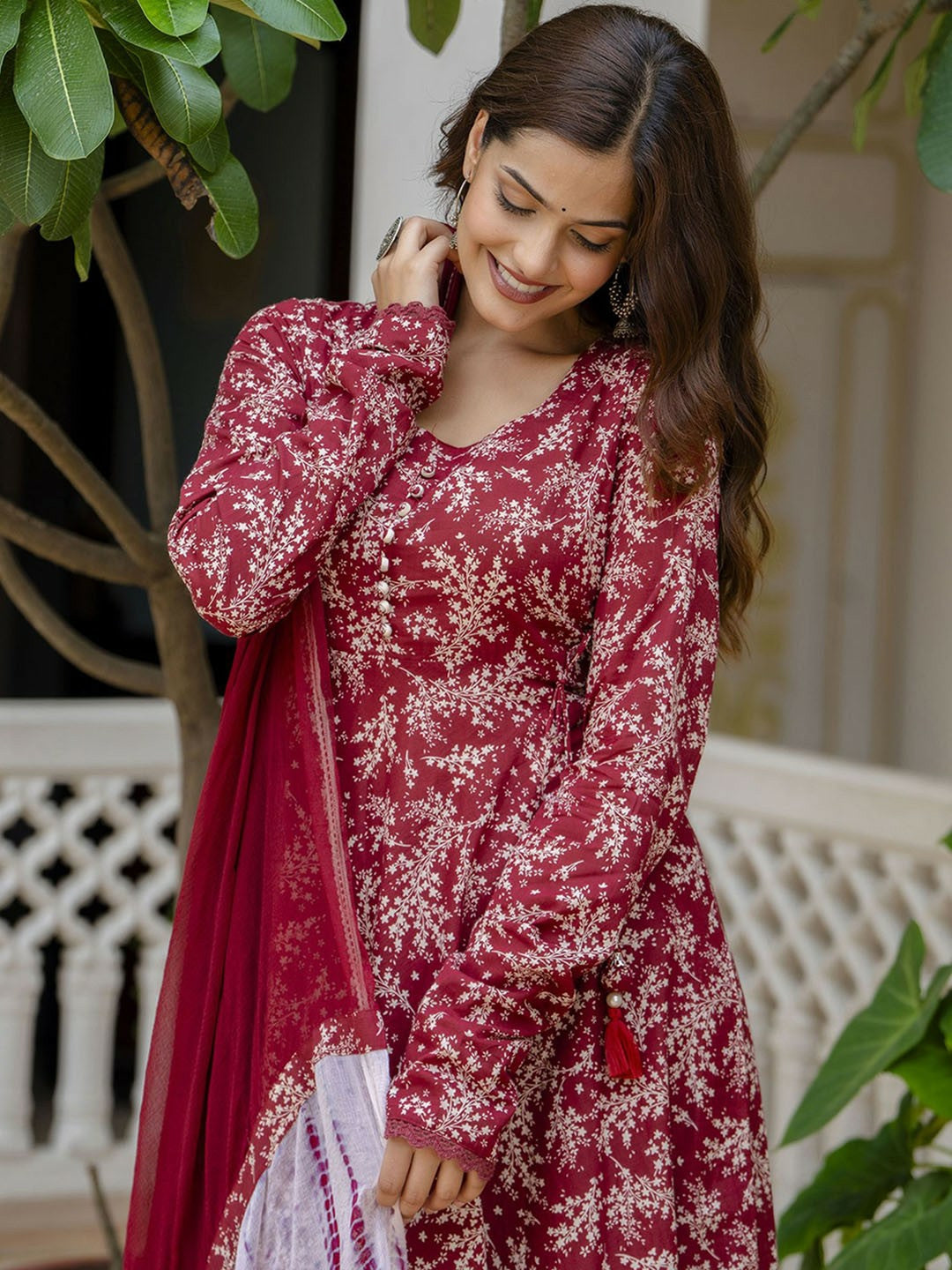 Red Floral Anarkali Kurta with Pyjamas & Dupatta