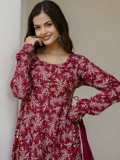 Red Floral Anarkali Kurta with Pyjamas & Dupatta