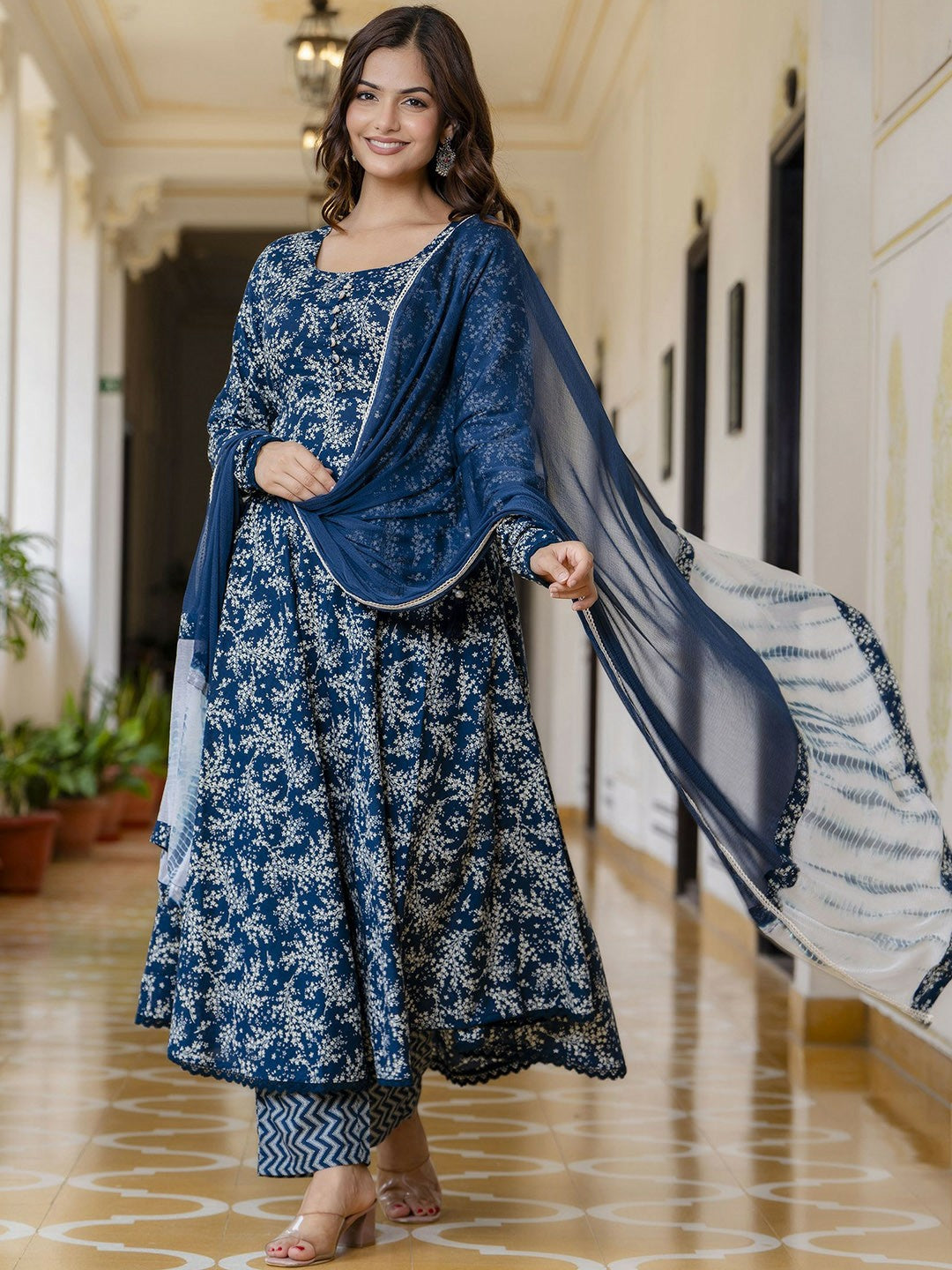 Blue Floral Printed Anarkali Kurta with Pyjama and Dupatta