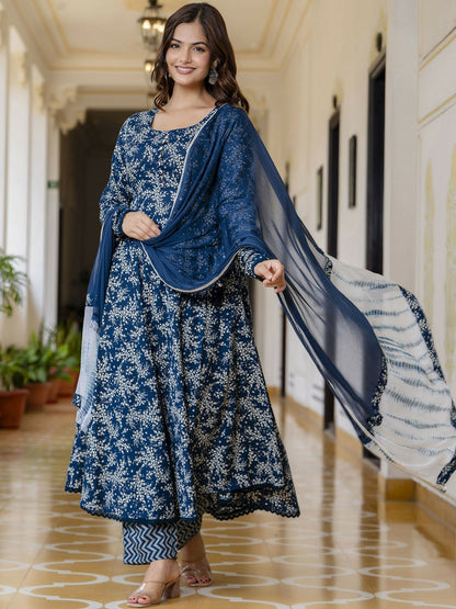 Blue Floral Printed Anarkali Kurta with Pyjama and Dupatta