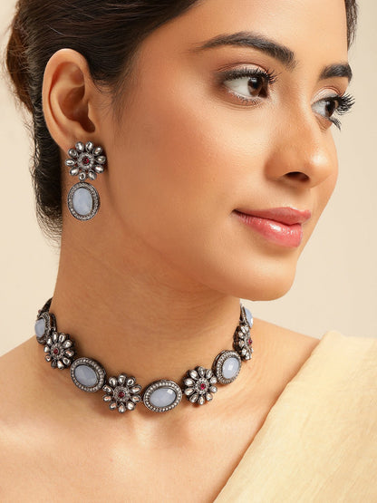 Silver Plated Grey Kundan Necklace Set with Earrings
