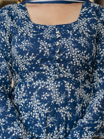 Blue Floral Printed Anarkali Kurta with Pyjama and Dupatta