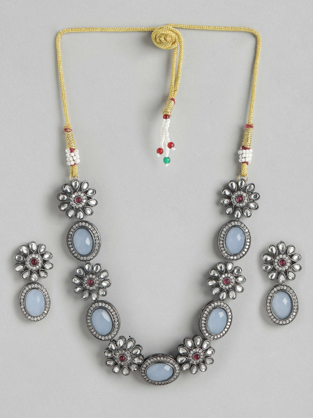 Silver Plated Grey Kundan Necklace Set with Earrings