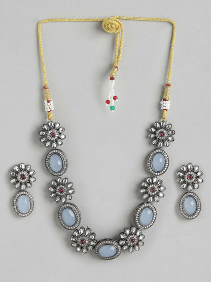 Silver Plated Grey Kundan Necklace Set with Earrings