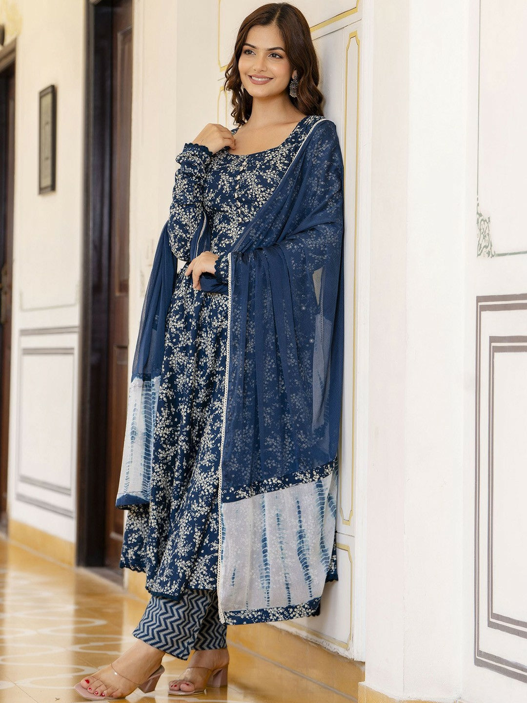 Blue Floral Printed Anarkali Kurta with Pyjama and Dupatta