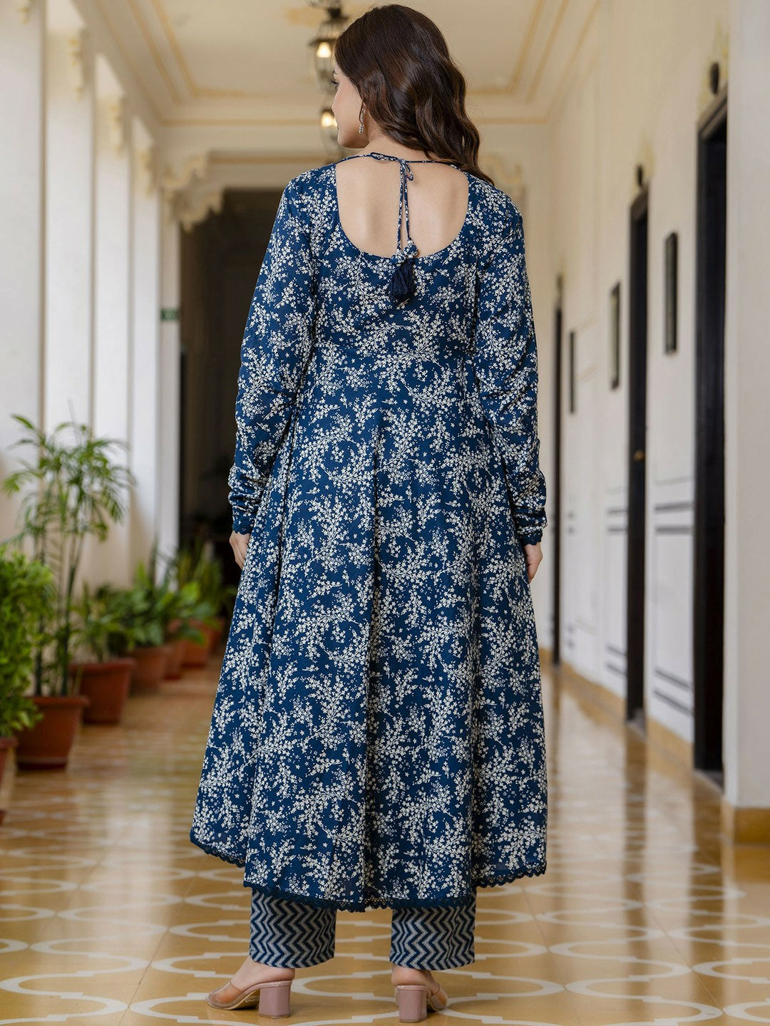 Blue Floral Printed Anarkali Kurta with Pyjama and Dupatta