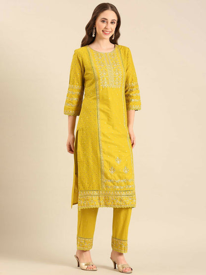 Yellow Floral Embroidered Kurta Set with Dupatta – Cotton | 3-Piece Ethnic Wear for Women