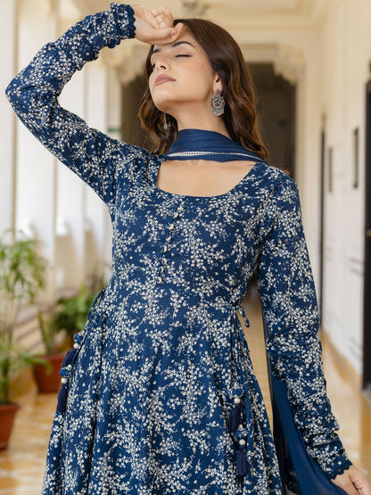 Blue Floral Printed Anarkali Kurta with Pyjama and Dupatta