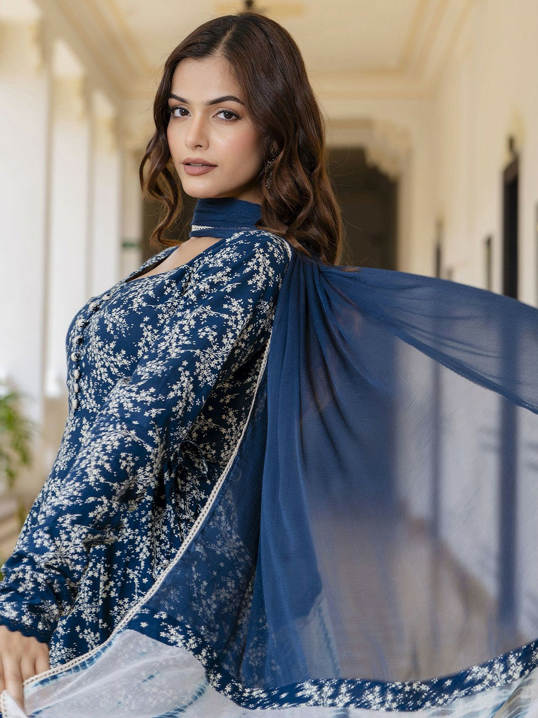 Blue Floral Printed Anarkali Kurta with Pyjama and Dupatta